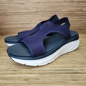Skechers D'Lux Walker Knitted Sling Back Navy Wedge Summer Comfort Sandals Sz 9
